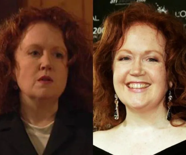 Two photos side by side of a woman with curly red hair, showing a serious and a smiling expression.