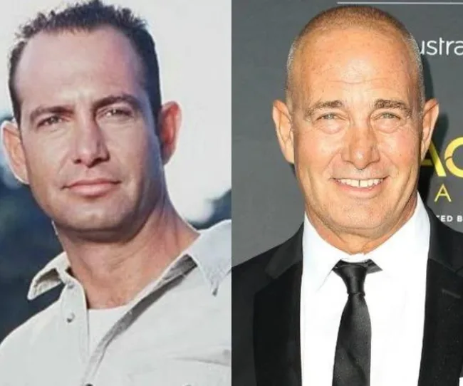 Two images of the same man; left, younger with dark hair, right, older with a shaved head, smiling in a suit.