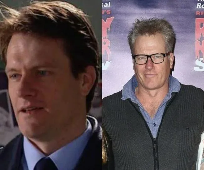 Two images of the same man; left in a police uniform, right wearing glasses and casual attire at an event.