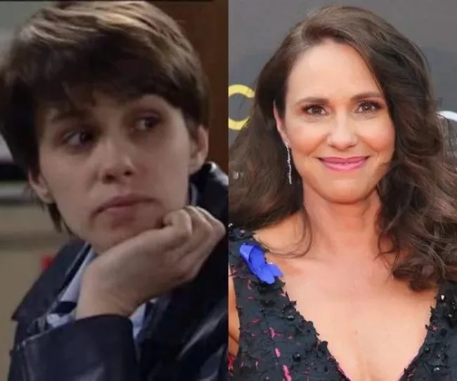 Split image: Actress in a scene from "Blue Heelers" on left, attends red carpet event on right, smiling and wearing earrings.