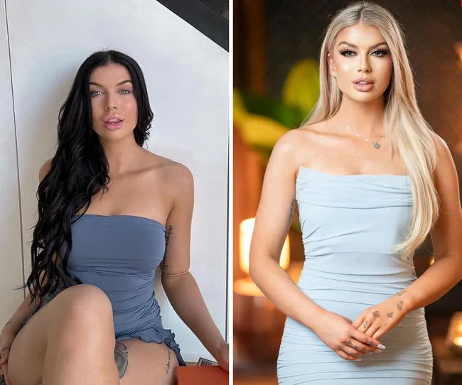 Two women in strapless blue dresses; one with long black hair, the other with long blonde hair, standing side by side.