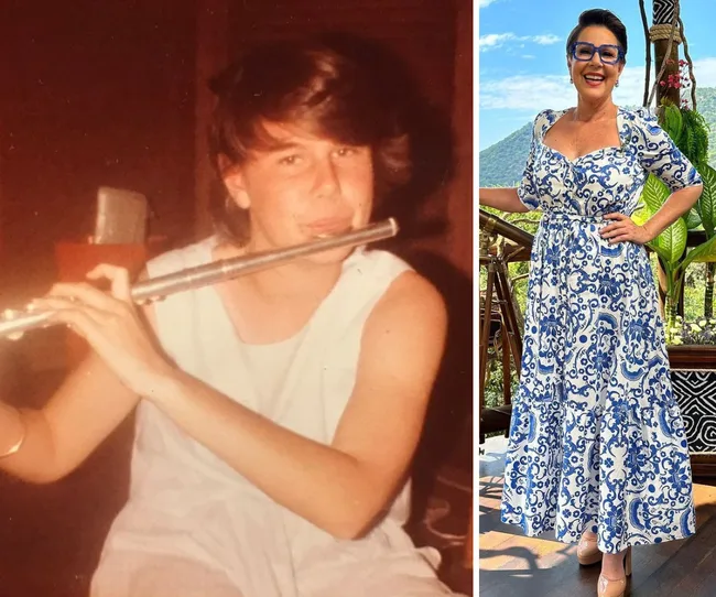 "Left: Young individual playing flute. Right: Woman in blue and white dress smiling outdoors."
