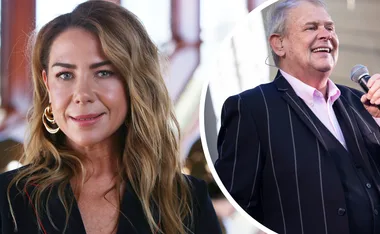 Woman with wavy hair and hoop earrings smiles; elderly man in pinstripe suit and microphone inset.