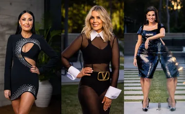 Three women from "The Real Housewives of Sydney 2023" in stylish attire, posing outdoors.