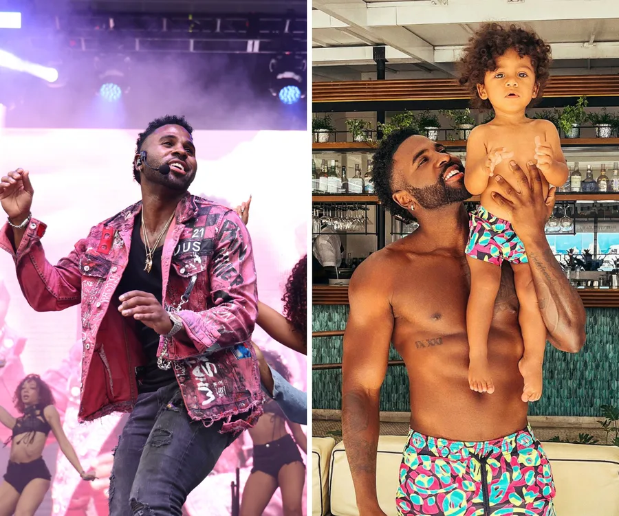 Stage performer in pink jacket on left; shirtless man holding a child in matching swimwear on right.