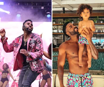 Stage performer in pink jacket on left; shirtless man holding a child in matching swimwear on right.