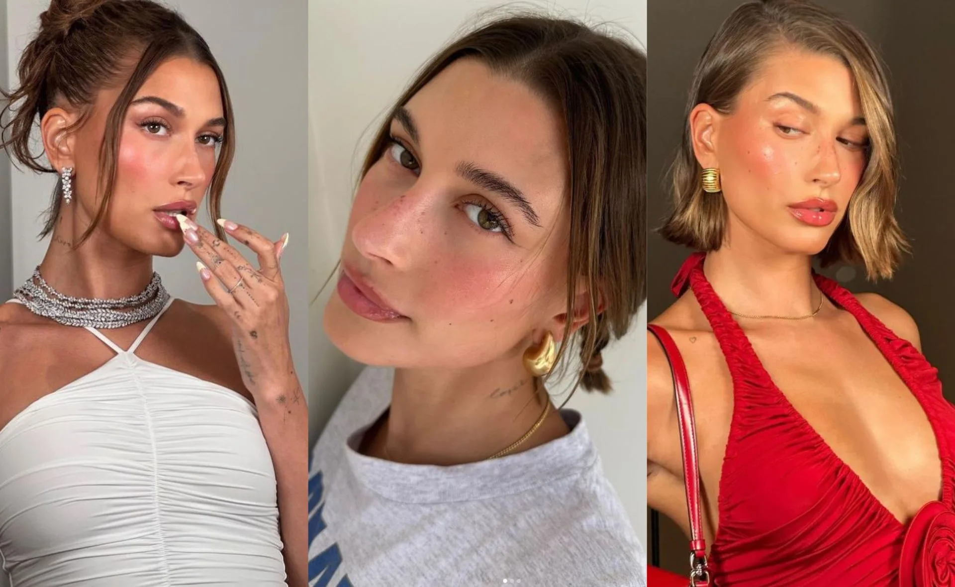 Three images of a woman with food-inspired makeup, styled in white, casual, and red outfits.