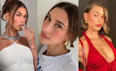 Three images of a woman with food-inspired makeup, styled in white, casual, and red outfits.