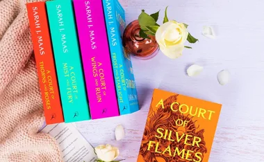 Five colorful Sarah J. Maas books, "A Court of Thorns and Roses" series, with a rose and petals on a light surface.
