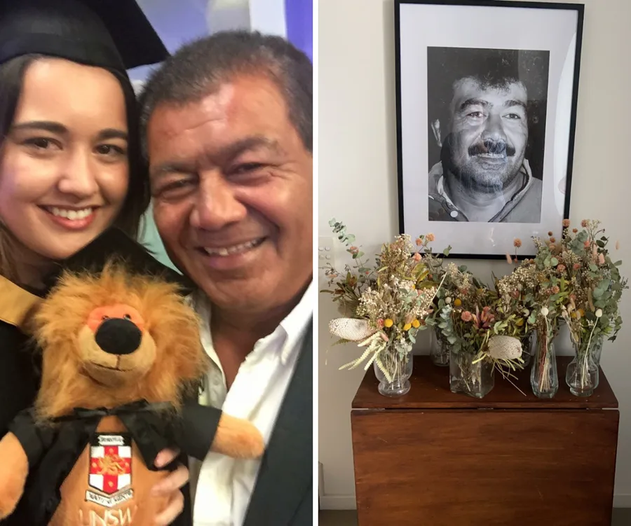 "Graduation photo with father and plush lion; memorial with framed photo and flowers."