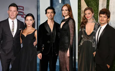 "Three celebrity couples on the red carpet, each dressed in elegant black attire."