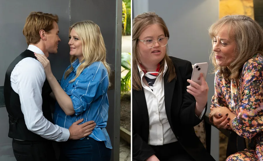 Two scenes: a couple embraces, and two women share a moment while looking at a phone together.