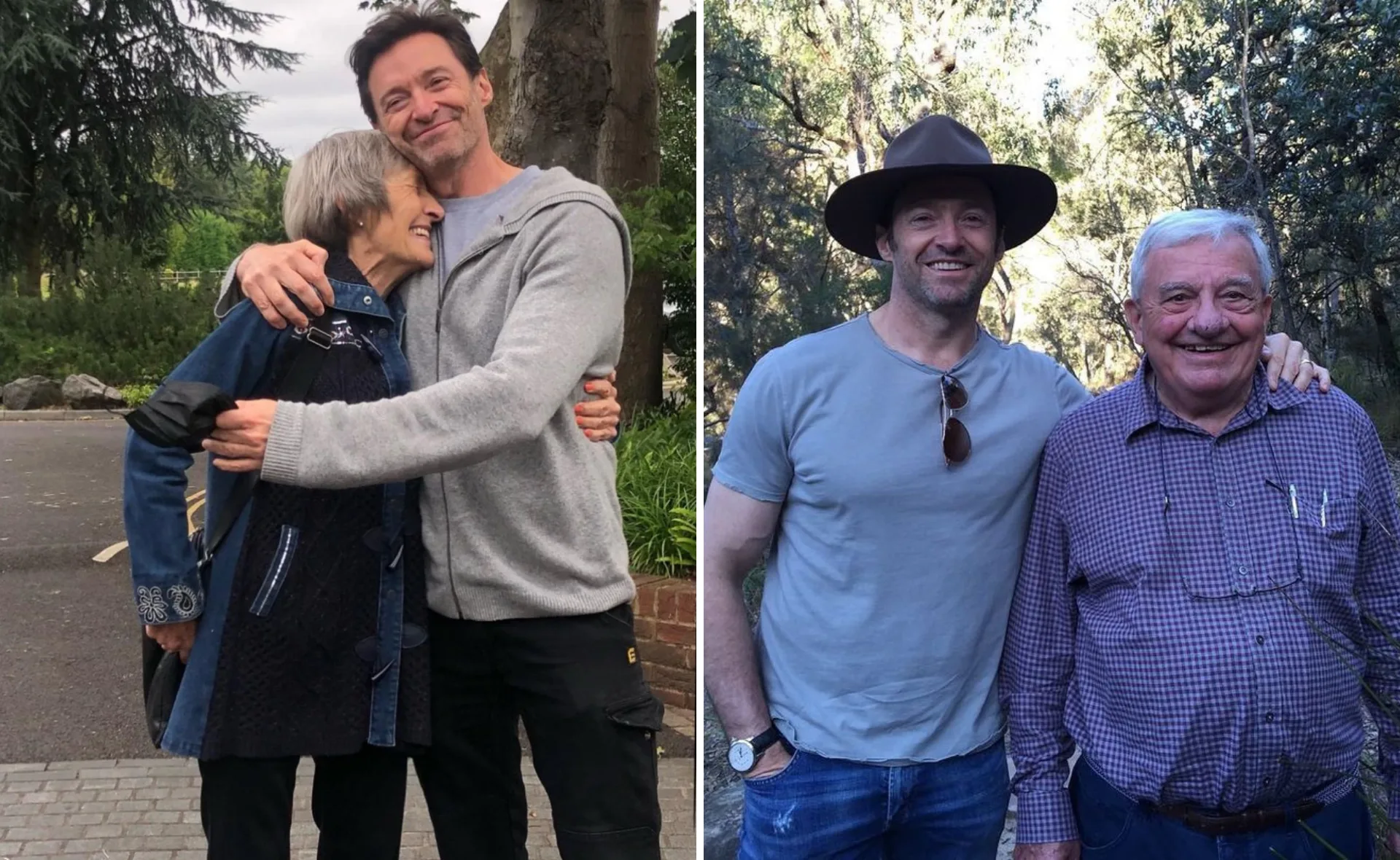 Man hugging an elderly woman in one photo and standing next to an elderly man in another, both set outdoors.