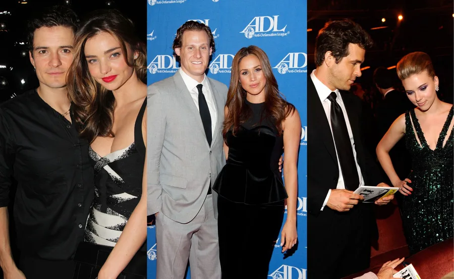 Three celebrity couples at different events, dressed formally, posing and interacting with each other.