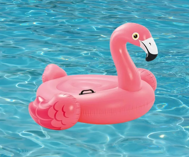 A pink flamingo inflatable pool toy.