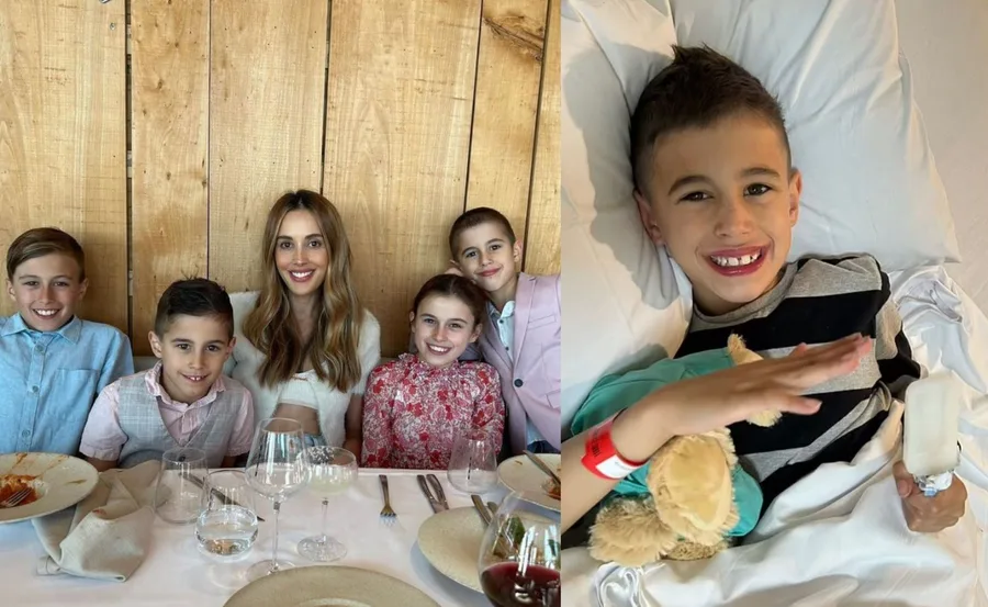 Family of five dining at a table; child smiling in hospital bed holding a toy and ice pop.