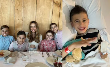 Family of five dining at a table; child smiling in hospital bed holding a toy and ice pop.