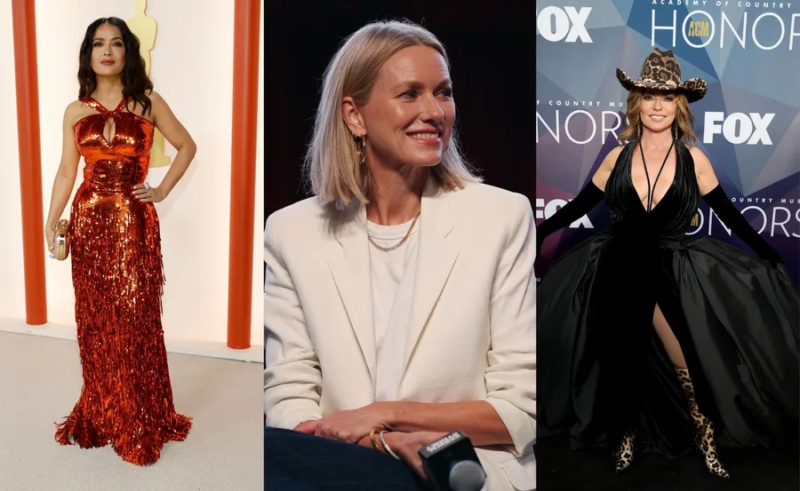 Three women in stylish outfits: one in a red sequined dress, one in a white blazer, and one in a black gown with a cowboy hat.