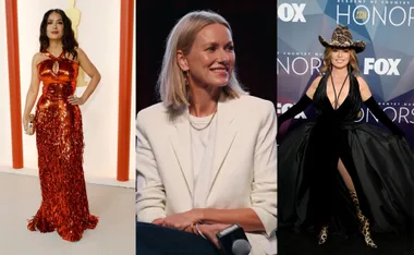 Three women in stylish outfits: one in a red sequined dress, one in a white blazer, and one in a black gown with a cowboy hat.