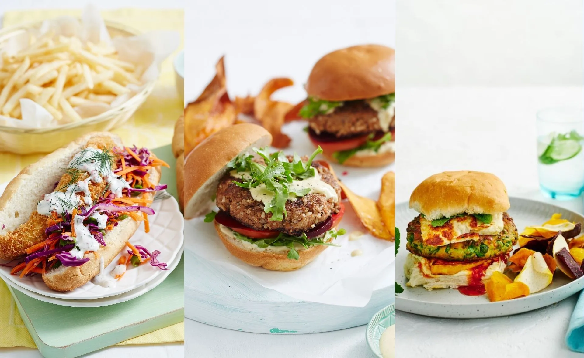 A trio of burgers: a fish sandwich with slaw, a veggie burger with arugula, and a mixed veggie patty with chips.