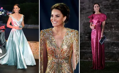 Kate Middleton in three gowns: a light blue satin with a clutch, a gold sequin with a smile, and a pink sequin with a wine glass.
