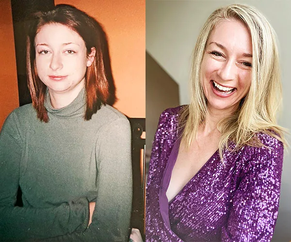 Two side-by-side photos of a woman: left shows her in casual wear, right shows her smiling in a purple dress.