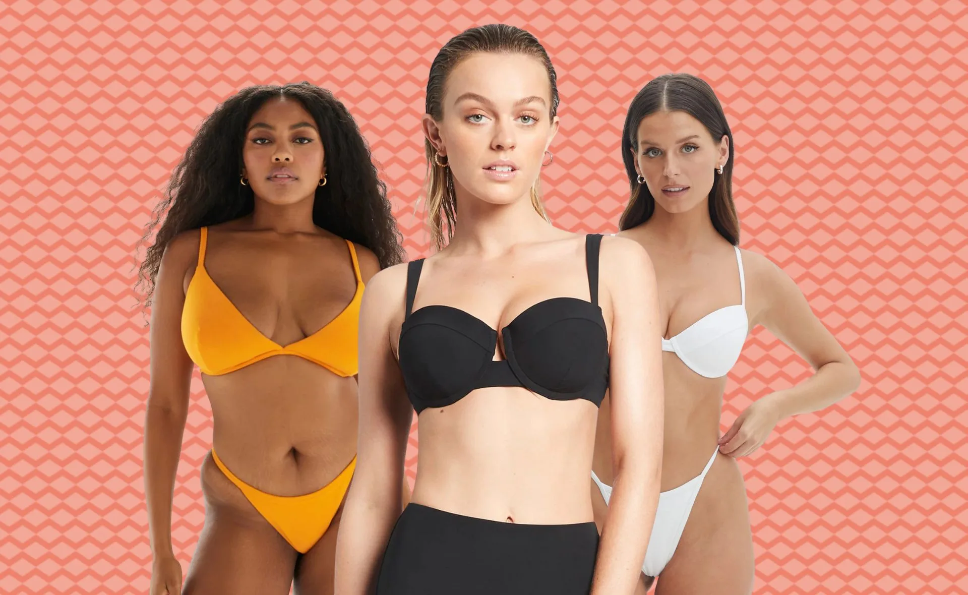 Three models in underwire bikini tops: orange, black, and white, on a patterned background.