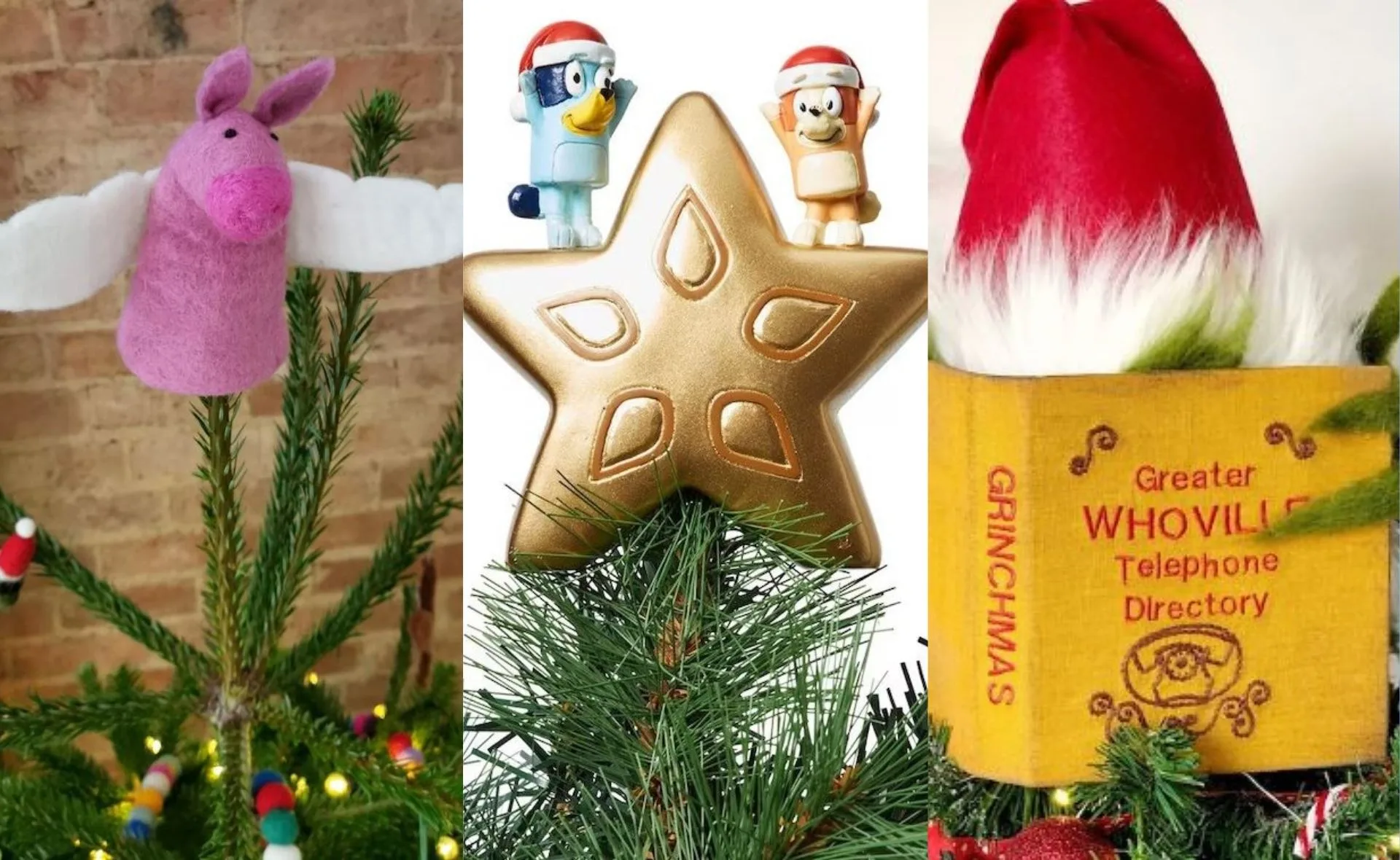 Pink pig tree topper, cartoon star with characters, Grinch-themed tree topper with Whoville book.