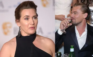 Kate Winslet speaking at an event; Leonardo DiCaprio sipping champagne, both dressed elegantly.