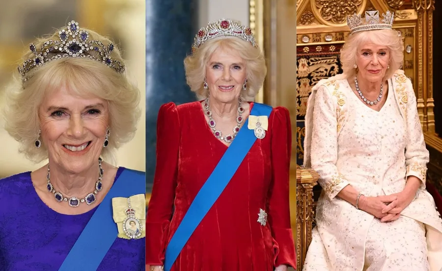 Queen Camilla wearing various regal outfits and tiaras at formal events, shown in three side-by-side images.