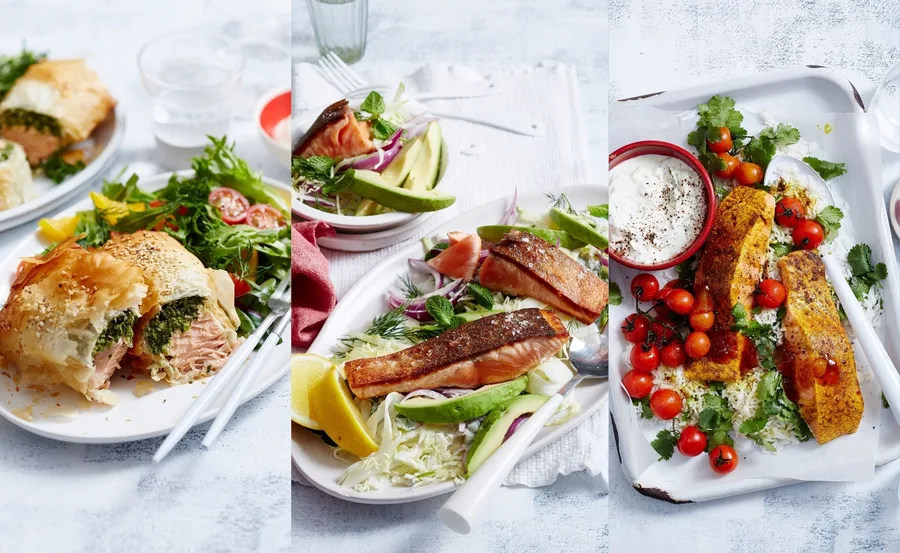 Three plates of salmon dishes: salmon en croute, grilled salmon salad, and roasted salmon with cherry tomatoes.