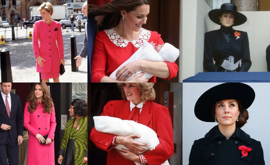 Collage of Princess Diana and Kate Middleton in stylish outfits, including red and pink dresses, with children.