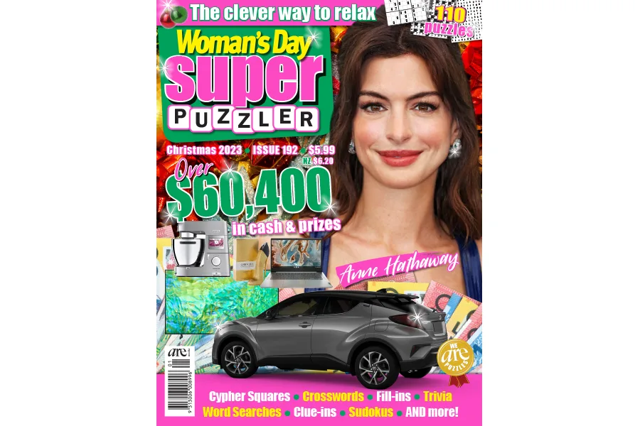 "Woman's Day Superpuzzler cover featuring actress, prizes, and puzzles for Christmas 2023, Issue 192."