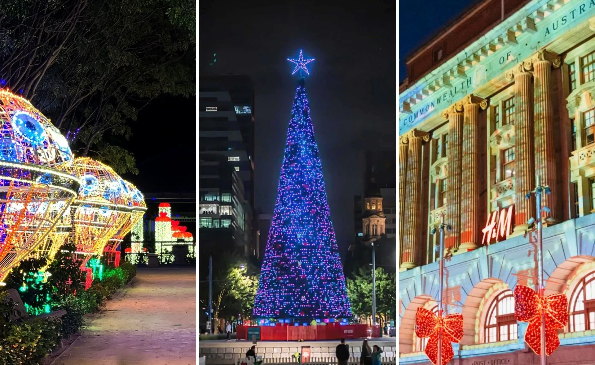 Festive light displays in Australia: glowing decorations, illuminated tree, and embellished building with red bows.
