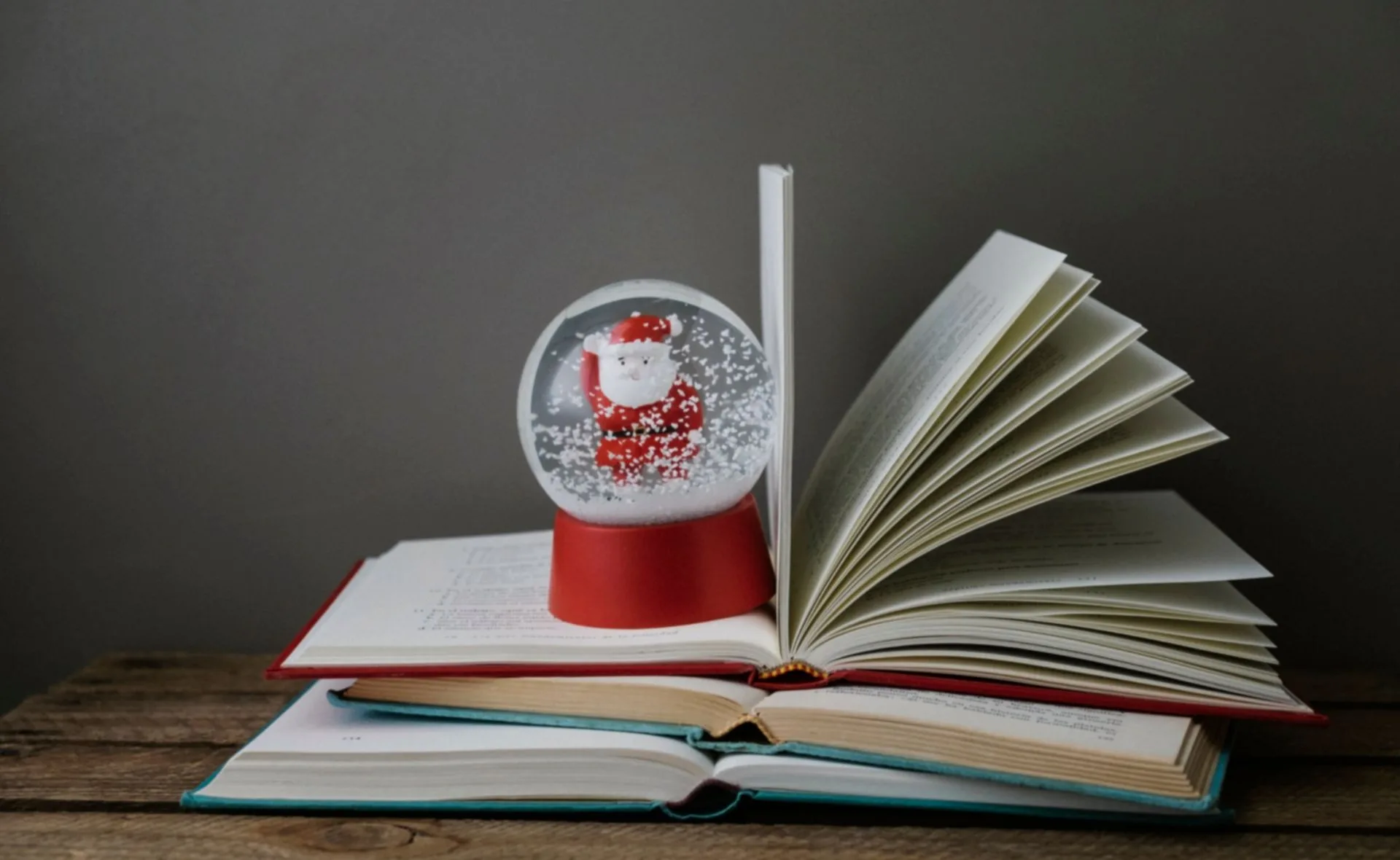 Santa snow globe on open books, creating a cozy Christmas reading atmosphere.