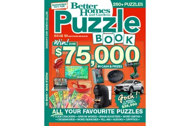 Puzzle book cover with prizes like a car, coffee maker, cash, and electronics with over $75,000 in cash and prizes.
