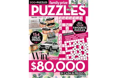 Cover of Family Prize Puzzles Book 26 showing prizes, a car, cookware, and cash with $80,000 in prizes.