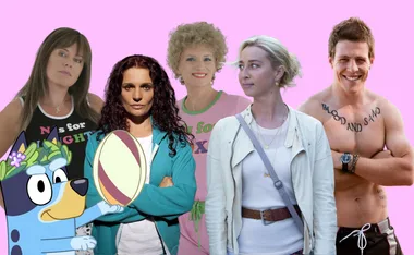 Image of five diverse TV characters, including animated Bluey, on a pink background.