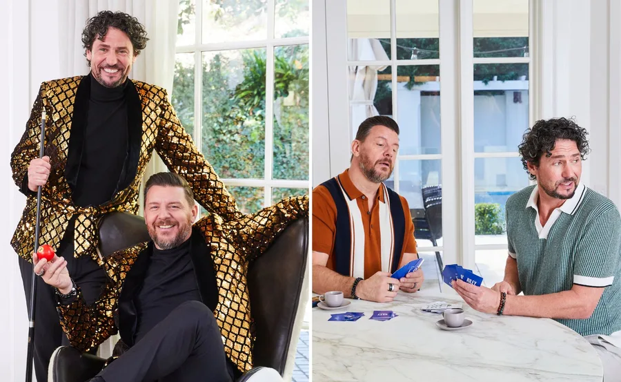 Two men in gold jackets pose with a cue and apple; same men playing cards at a marble table.