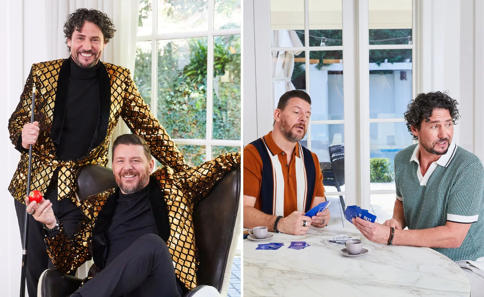 Two men in gold jackets pose with a cue and apple; same men playing cards at a marble table.
