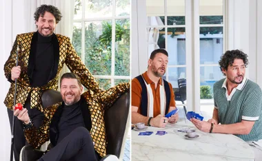 Two men in gold jackets pose with a cue and apple; same men playing cards at a marble table.