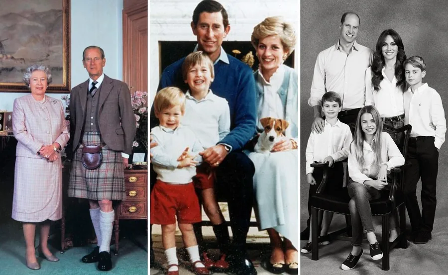 Royal family Christmas card portraits from different generations.