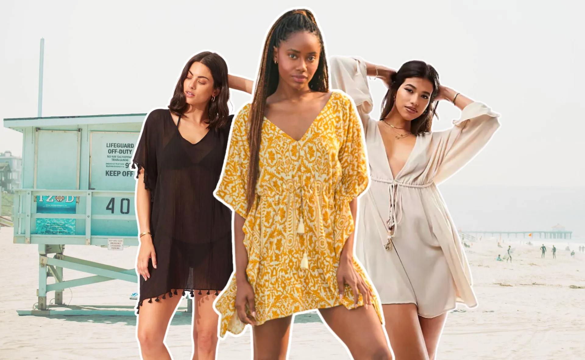 Women modeling kaftans on a beach with a lifeguard tower in the background.