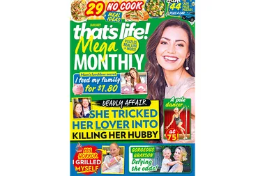 Magazine cover featuring stories like "Deadly Affair," "BBQ Horror," and more; with a smiling woman and various headlines.