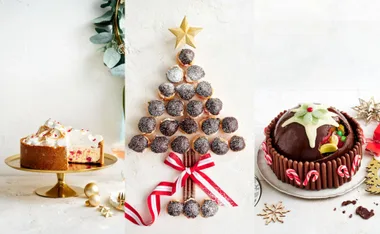 Three festive Christmas desserts: cheesecake, profiterole tree, and chocolate-covered cake decorated with holly and candy.