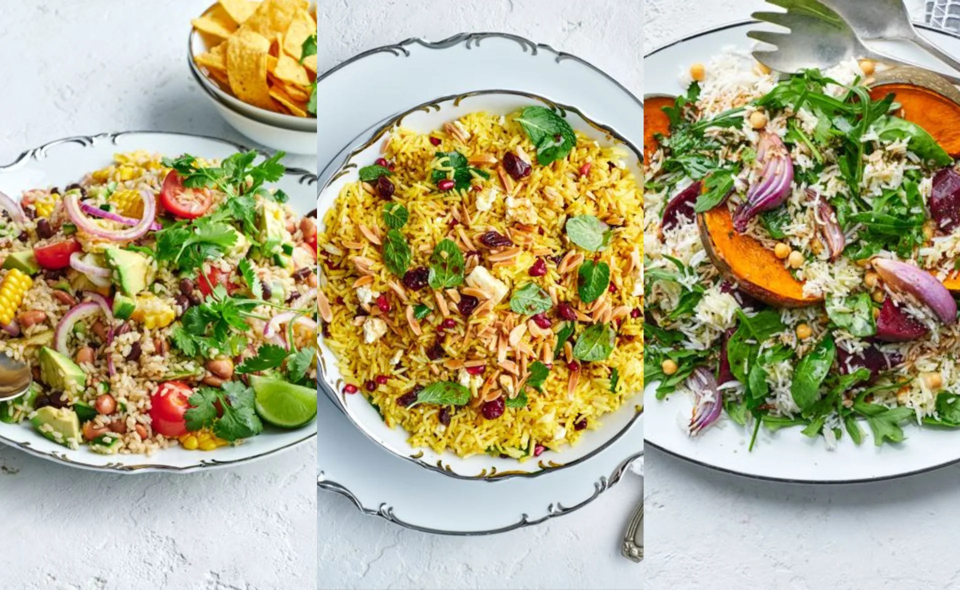 Three festive rice salads with vibrant vegetables, herbs, and garnishes on elegant plates.