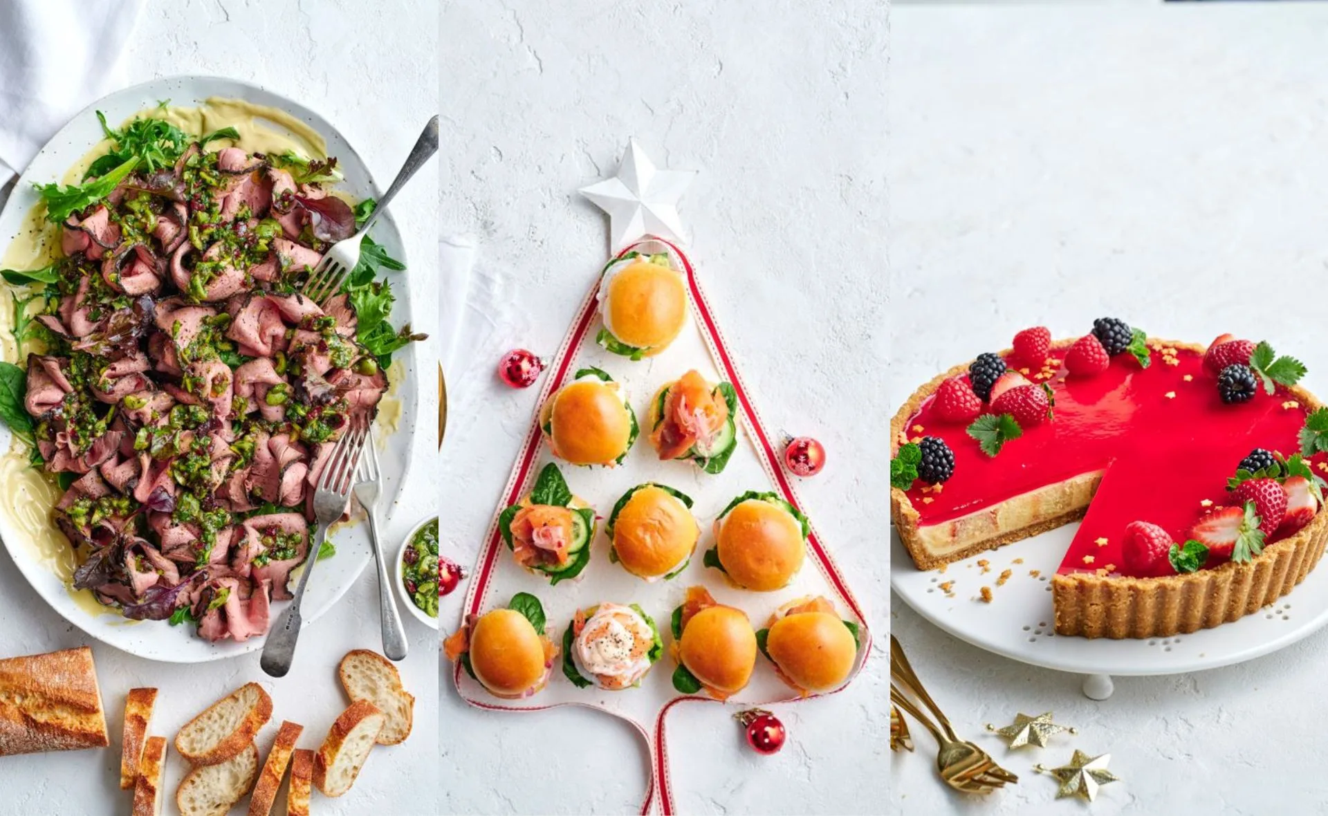 Roast beef salad, Christmas tree salmon sliders, and berry-topped cheesecake on a festive table setting.