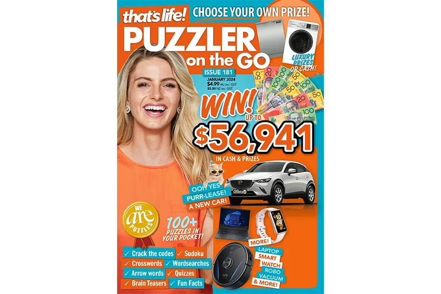 Cover of That's Life! Puzzler on the Go Issue 181 with prize offerings, smiling woman, and promotional text.