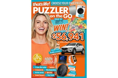 Cover of That's Life! Puzzler on the Go Issue 181 with prize offerings, smiling woman, and promotional text.