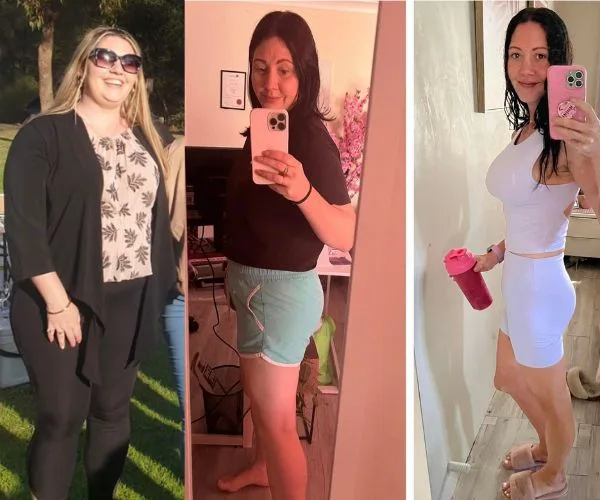 Woman's weight loss journey shown in three stages; before, during, and after.